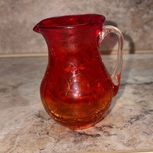 vintage hand-blown glass pitcher vibrant orange-red amberina color crackled 3.5”